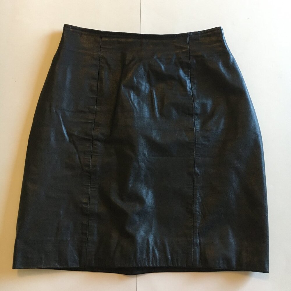Vintage Black Leather Skirt 8 S XS Byrnes & Baker Lined Pencil Mini Knee Goth
